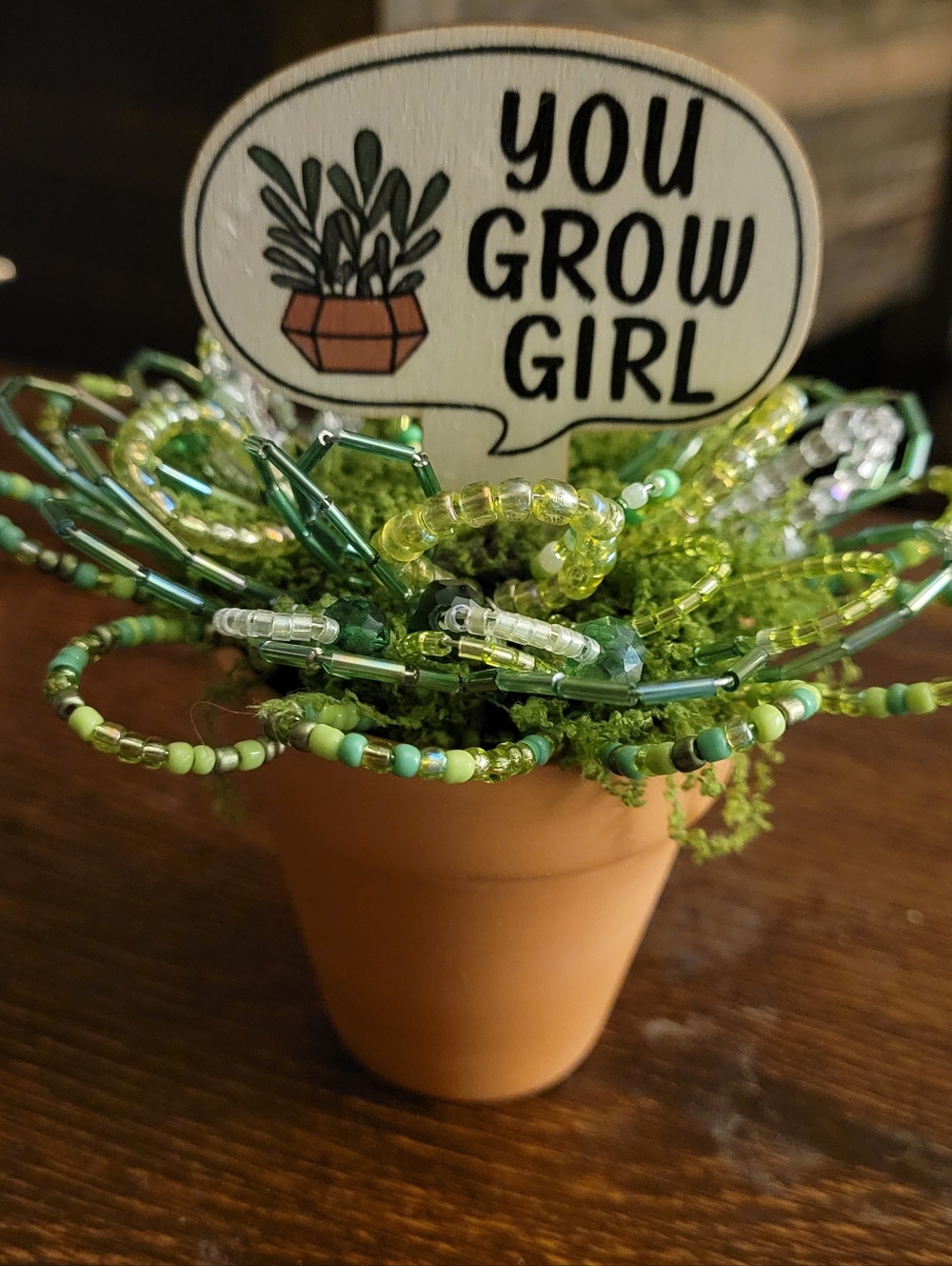 Handmade! Beaded Green Succulent in Mini Terracotta Pot - "You Grow Girl" Sign